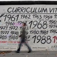 A man walks past a portion of the Berlin